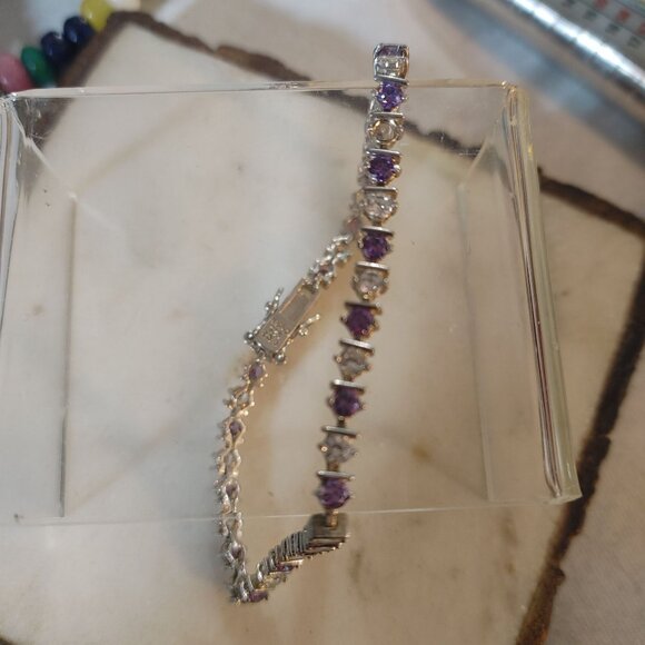 Sterling Silver CZ Bracelet 7 Inches Tennis  Sparkling Purple Clear Stonesn Gift - Picture 12 of 12